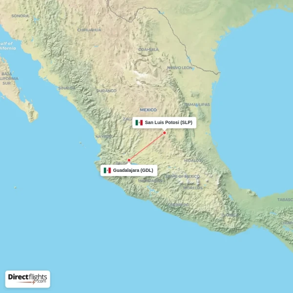 San Luis Potosi - Guadalajara direct flight map