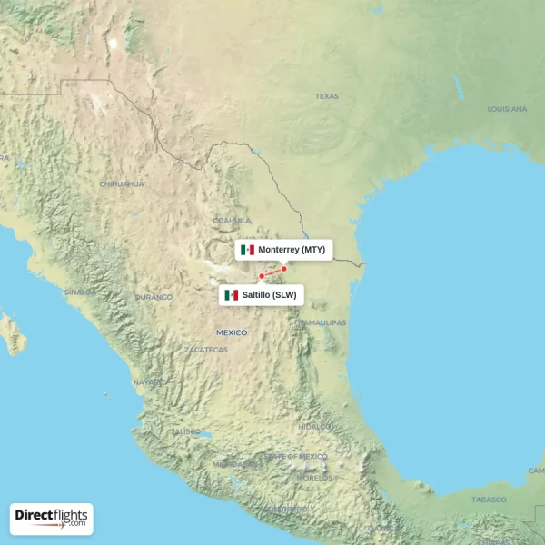 Saltillo - Monterrey direct flight map