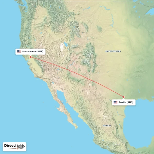 Sacramento - Austin direct flight map