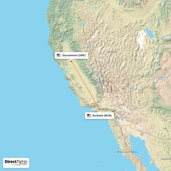 Sacramento - Burbank direct flight map