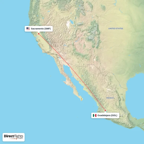Sacramento - Guadalajara direct flight map