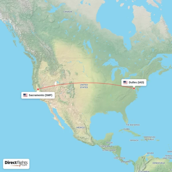 Sacramento - Dulles direct flight map