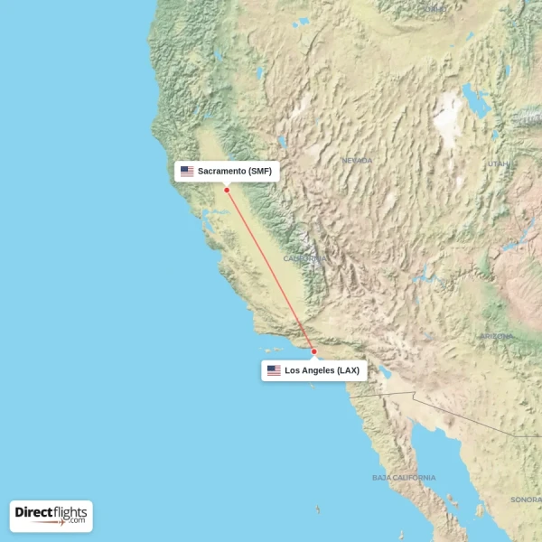 Sacramento - Los Angeles direct flight map