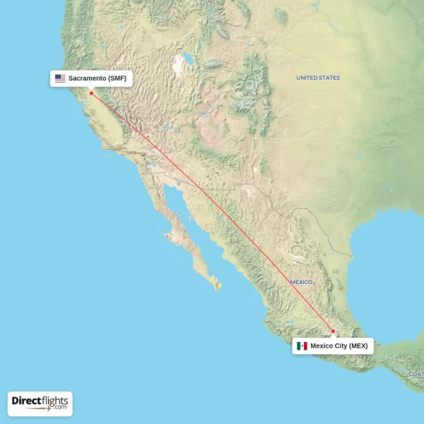 Sacramento - Mexico City direct flight map