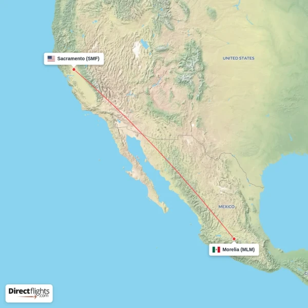 Sacramento - Morelia direct flight map