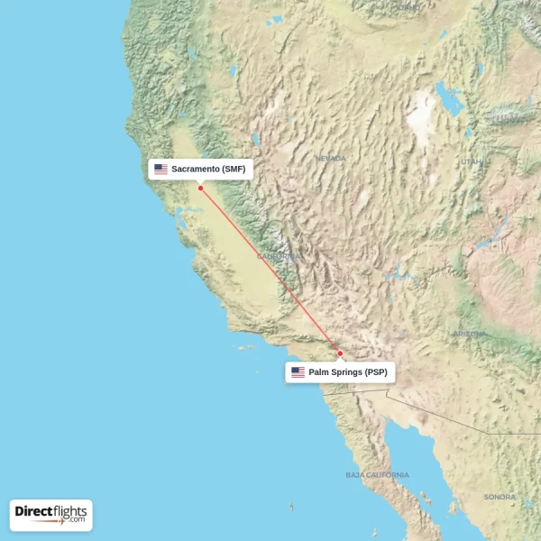 Sacramento - Palm Springs direct flight map