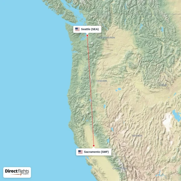 Sacramento - Seattle direct flight map