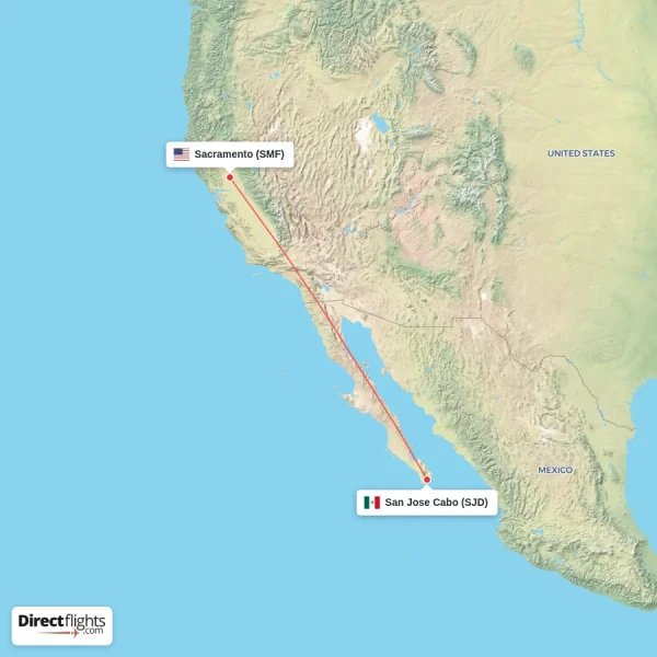 Sacramento - San Jose Cabo direct flight map
