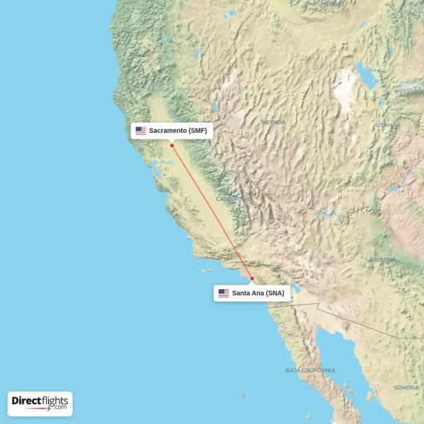 Sacramento - Santa Ana direct flight map