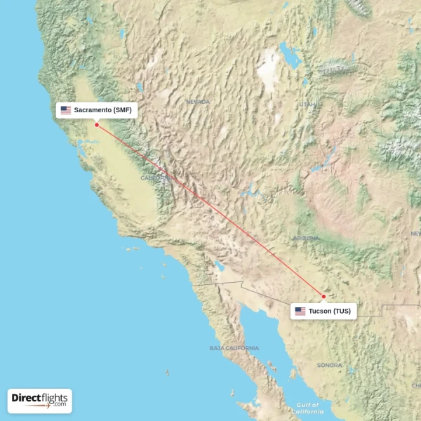 Sacramento - Tucson direct flight map