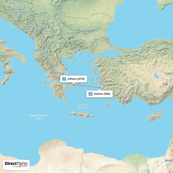 Samos - Athens direct flight map