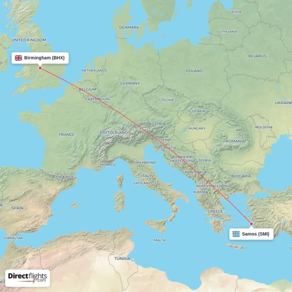 Samos - Birmingham direct flight map