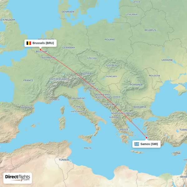 Samos - Brussels direct flight map