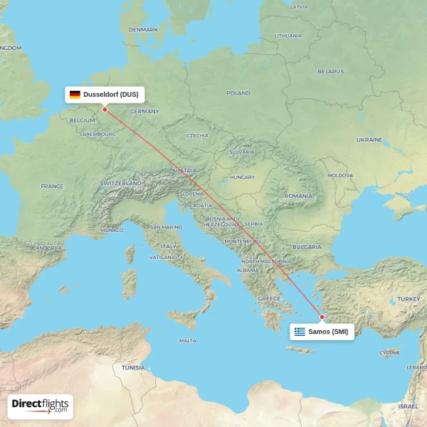 Samos - Dusseldorf direct flight map