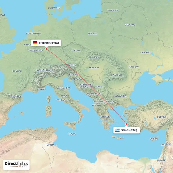 Samos - Frankfurt direct flight map