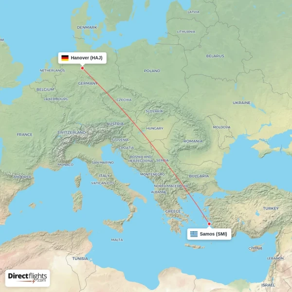 Samos - Hanover direct flight map