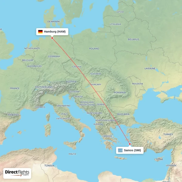Samos - Hamburg direct flight map