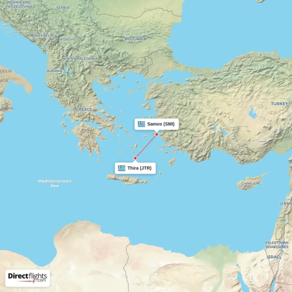 Samos - Thira direct flight map