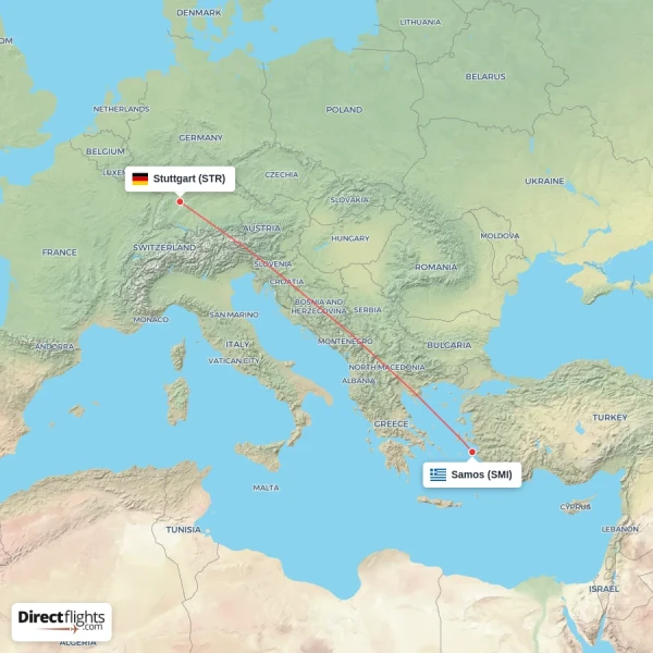 Samos - Stuttgart direct flight map