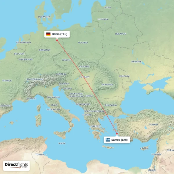 Samos - Berlin direct flight map