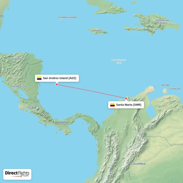 Santa Marta - San Andres Island direct flight map