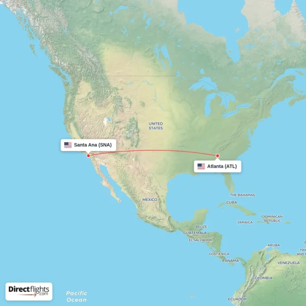 Santa Ana - Atlanta direct flight map