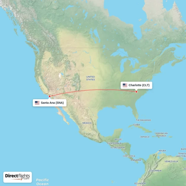 Santa Ana - Charlotte direct flight map