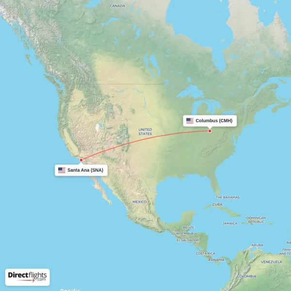 Santa Ana - Columbus direct flight map