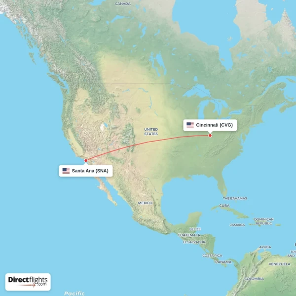 Santa Ana - Cincinnati direct flight map