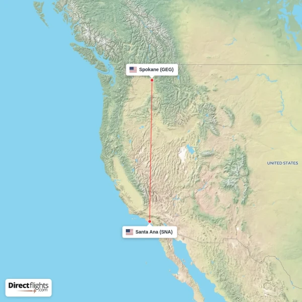 Santa Ana - Spokane direct flight map