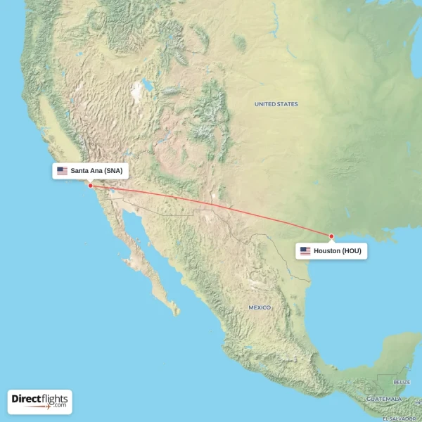 Santa Ana - Houston direct flight map
