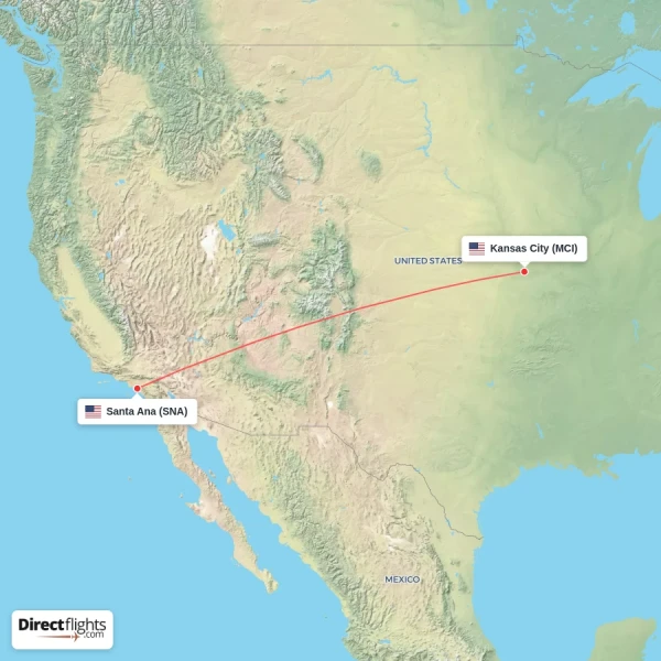 Santa Ana - Kansas City direct flight map