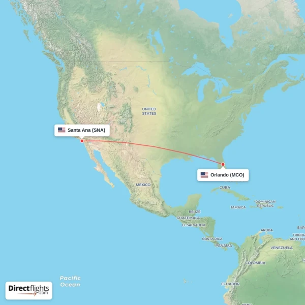 Santa Ana - Orlando direct flight map