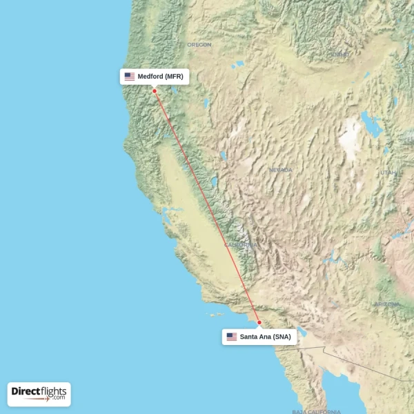 Santa Ana - Medford direct flight map