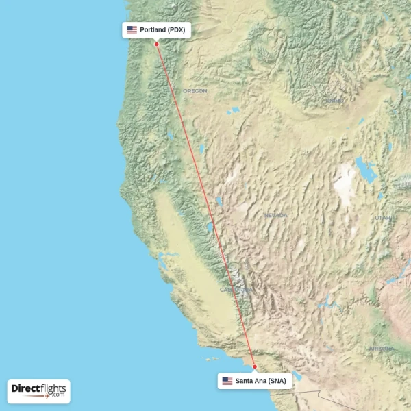Santa Ana - Portland direct flight map