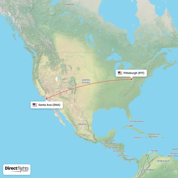 Santa Ana - Pittsburgh direct flight map