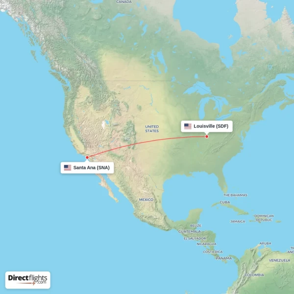 Santa Ana - Louisville direct flight map