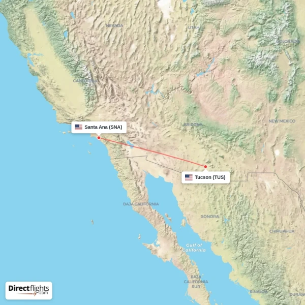 Santa Ana - Tucson direct flight map