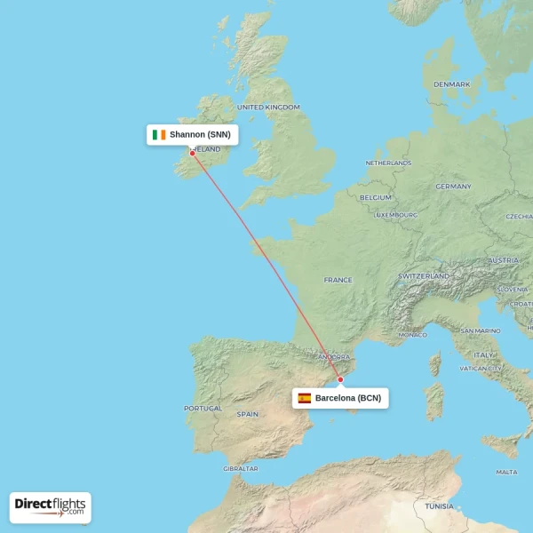 Shannon - Barcelona direct flight map