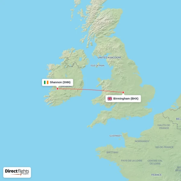 Shannon - Birmingham direct flight map