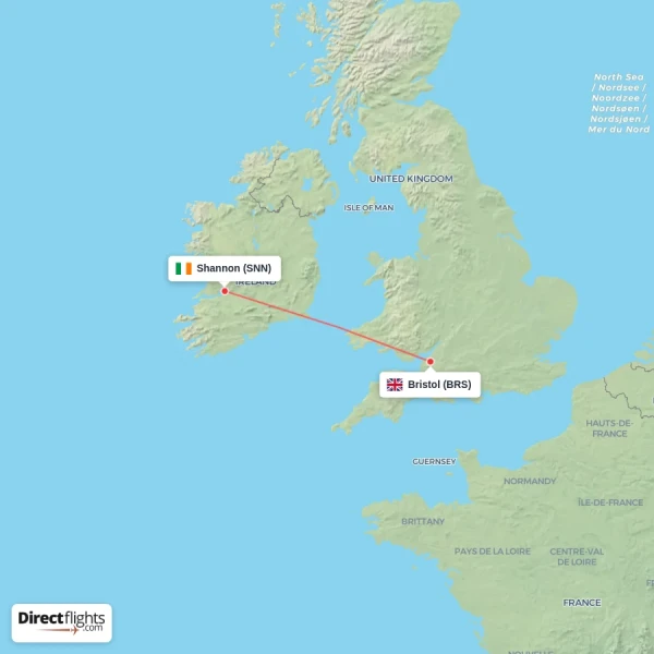 Shannon - Bristol direct flight map