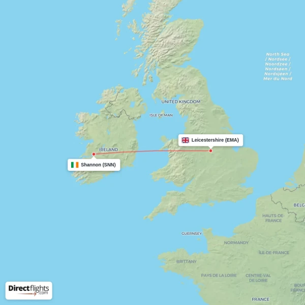 Shannon - Leicestershire direct flight map