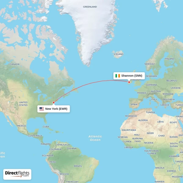 Shannon - New York direct flight map