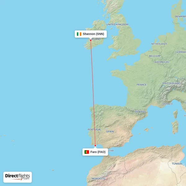 Shannon - Faro direct flight map