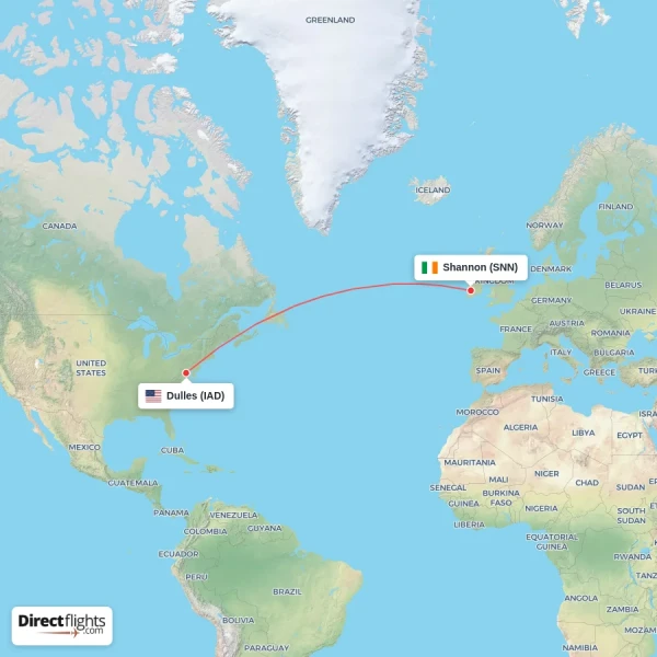 Shannon - Dulles direct flight map