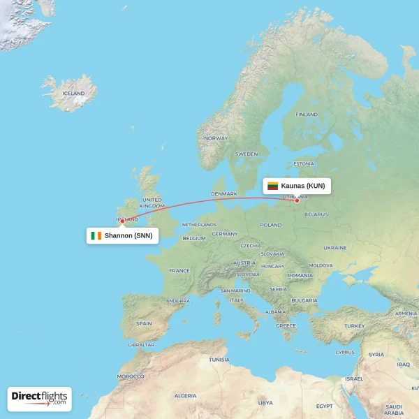 Shannon - Kaunas direct flight map