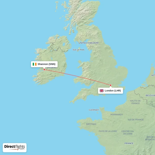 Shannon - London direct flight map