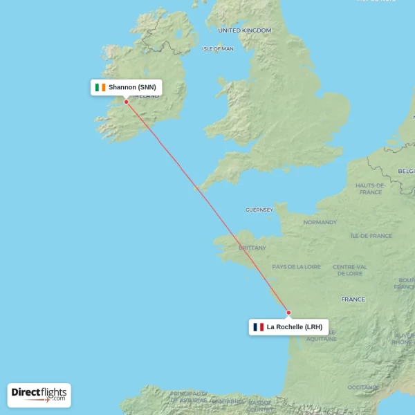 Shannon - La Rochelle direct flight map