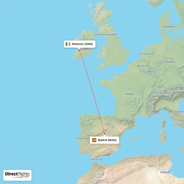 Shannon - Madrid direct flight map