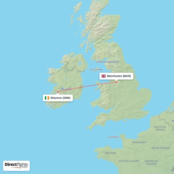 Shannon - Manchester direct flight map
